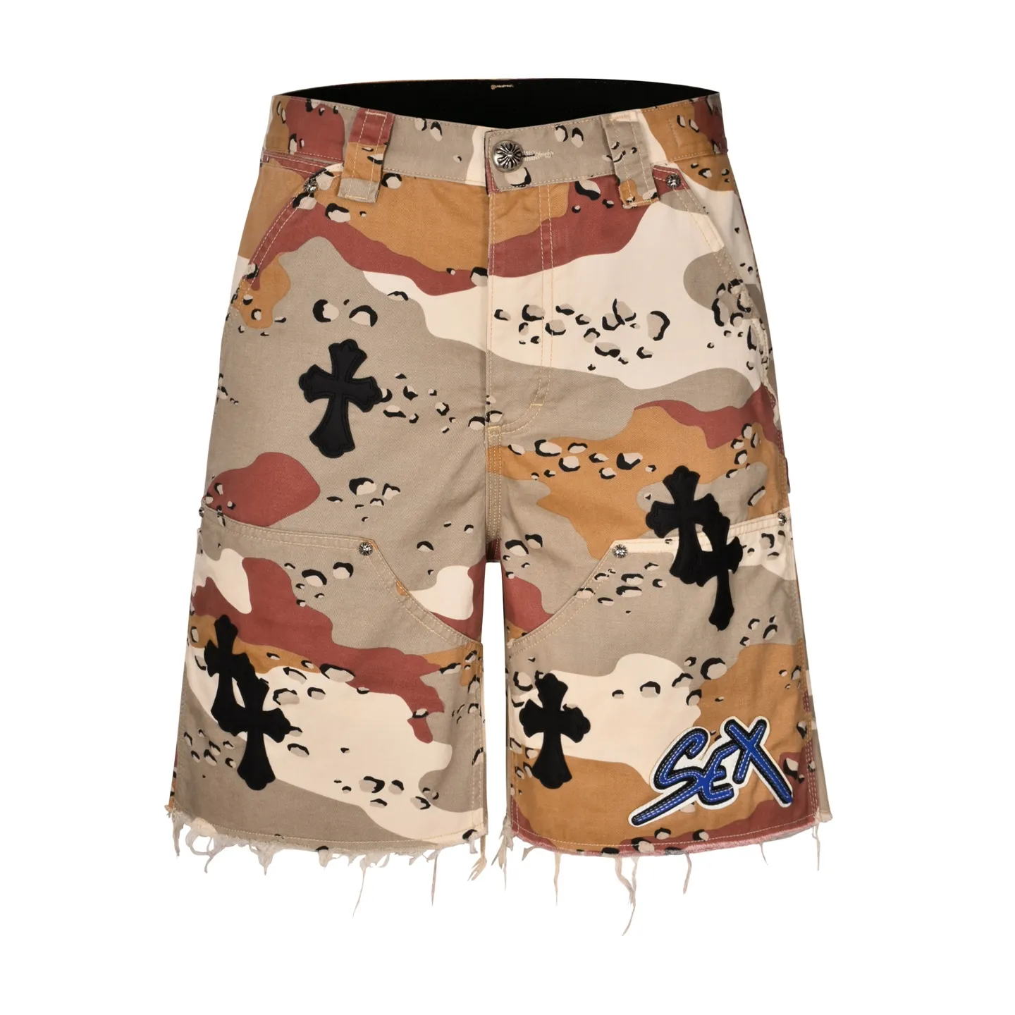 🅿️560 [Exclusive supply] CH Crouching Leather Camouflage Shorts (Red) Purchased and developed by a Los Angeles agent for US$2,980. This style is made of custom-made military canvas fabric, restored according to the original model 1:1, and printed with camouflage patterns. The customization period for the hem sex pattern stamp is 20 days, the minimum order is 1800 pieces, and the color plate is matched. The hardware buckles are all made of electroplated 925 silver material, the weight is perfectly restored, and they are aged and oxidized to black. Size:S-M-L-XL
